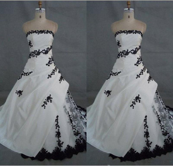 new white taffeta Black Lace Applique back strap tube dress skirt tail wedding dress skirt net size XL custom cheap 