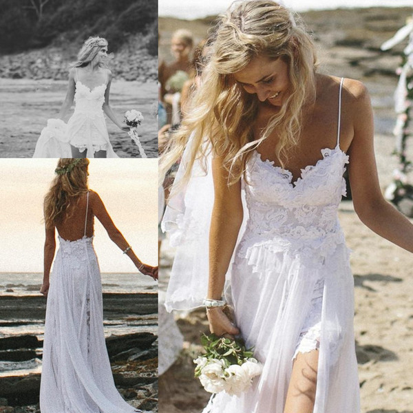 Summer Beach Wedding Dresses Sexy Backless White Spaghetti Sheath High Split Lace Applique Chiffon Bridal Gowns Dress Open Back