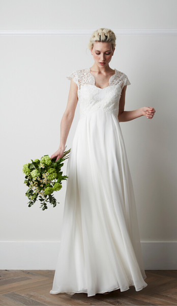 Long sweep chiffon spring wedding dresses new lace capped sleeves zipper back bridal wedding gowns