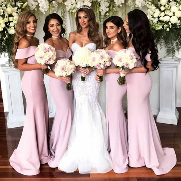 Blush Pink Cheap Bridesmaid Dresses Long Mermaid Off The Shoulder Satin Long Wedding Party Dresses For Women DB134