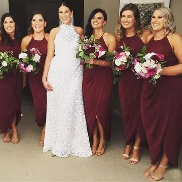 Burgundy Bridesmaid Dresses Cheap A Line Halter Ankle Length Side Split Chiffon Wedding Guest Maid Of The Honor Dresses Summer DB127