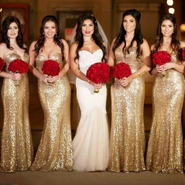 Gold Sequins Bridesmaid Dresses Cheap Mermaid Sweetheart Floor Length Maid Of Honor Dresses For Wedding Guest DB116