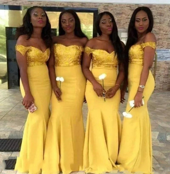 Bridesmaid Dresses New Yellow Mermaid Off Shoulder Sequined Top Satin Floor Length Satin Wedding Guest Dresses DB113