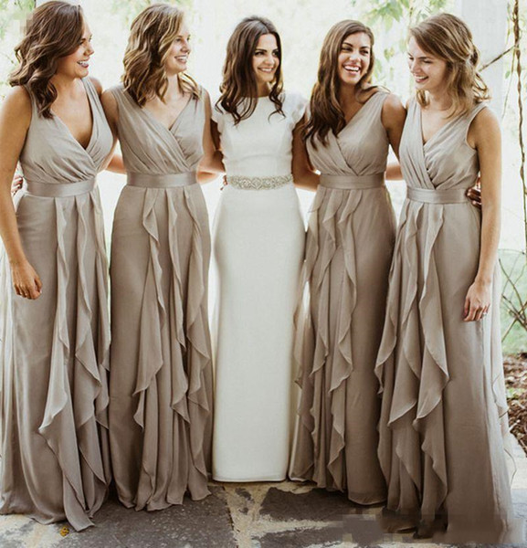 Chiffon Bridesmaid Dresses Cheap A Line V Neck Ruffles Floor Length Plus Size Country Wedding Guest Dress DB106