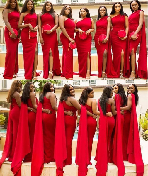 Red Mermaid Bridesmaid Dresses Women's Bridal Party Wear Dress One Shoulder Side Split Custom Made Prom Gowns Plus Size DB105