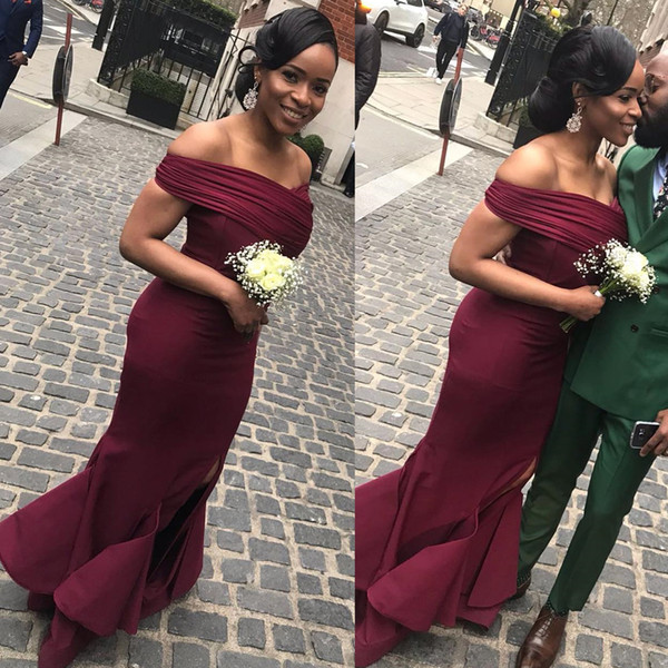 Burgundy Bridesmaid Dresses Mermaid Off Shoulder Ruffles Split Wedding Guest Dresses Ruffles African Maid Of Honor Dress DB075