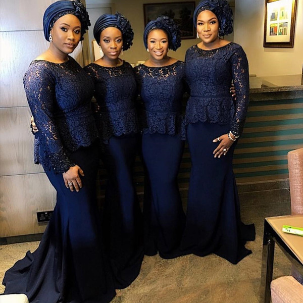 Navy Blue Bridesmaid Dresses Bateau Neck Long Sleeve Maid Of Honor Dresses Lace Zipper Up Wedding Guest Dresses Plus Size DB073