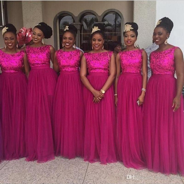 African Fushica Bridesmaid Dresses A Line Sequins Top Crew Neck Tulle Maid Of Honor Dress Plus Size Custom Made Formal Evening Gown SB021