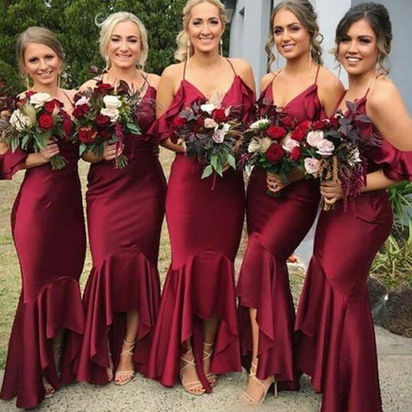 Burgundy Bridesmaid Dresses High Low Spaghetti Straps Ruffles Garden Country Wedding Guest Gowns Cheap Custom Made DB053