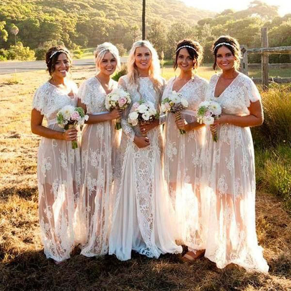 Full Lace Bridesmaid Dresses Sheath V Neck Country Boho Maid Of Honor Gowns Floor Length Beach Wedding Guest Dresses DB012