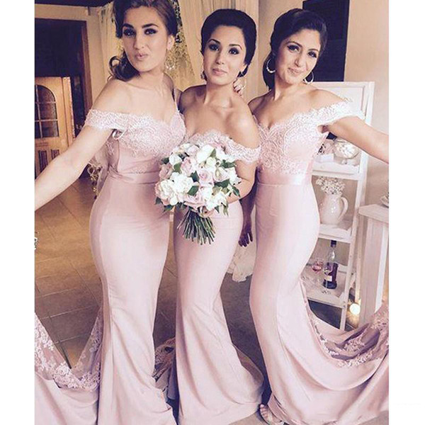 New Pink Bridesmaid Dresses Off The Shoulder Mermaid Lace Appliques Floor Length Wedding Guest Dresses Bridal Gowns DB050