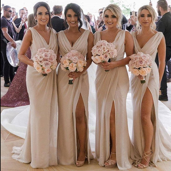 Bridesmaids Dresses Cheap Sheath Plunging V Neck Side Split Chiffon Beach Maid of Honor Prom Party Gowns Plus Size Custom DB034