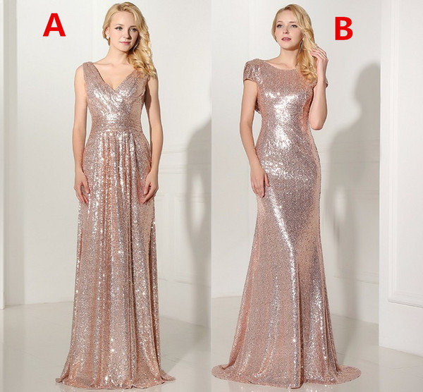 Under70 Cheap Rose Gold Sequined Long Bridesmaid Dresses Sexy V-neck Pleated Backless Formal Dress Party Wedding Guest Gown SD349 SD347