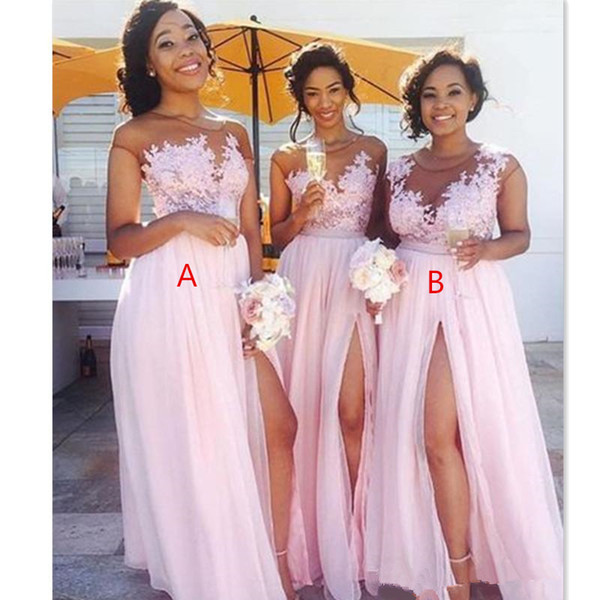 Cheap Country blush pink bridesmaid dresses 2017 Sexy sheer Jewel neck lace appliques maid of honor dresses split formal evening gowns wear