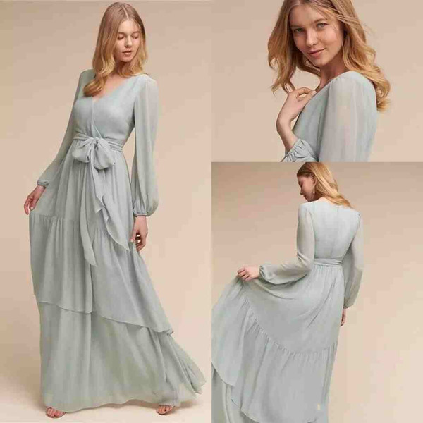 Modest BHLDN Chiffon Bridesmaid Dresses with Long Sleeves Bohemian Flare Flowing V-neck Junior Wedding Guest Party Gowns Cheap