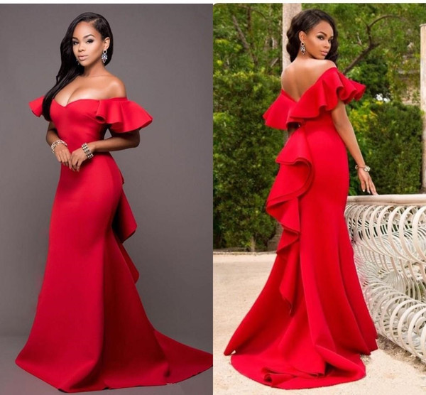 Gorgeous Red Mermaid Bridesmaids Dresses Off the Shoulder Backless Maid of Honor Floor Length Satin Wedding Party Dress Plus Size Cheap