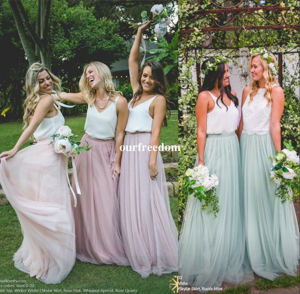 New Country Wedding Boho Bridesmaid Dresses Blush Tulle V Neck Cheap Long Party Prom Gowns Plus Size Maid of Honor Dresses