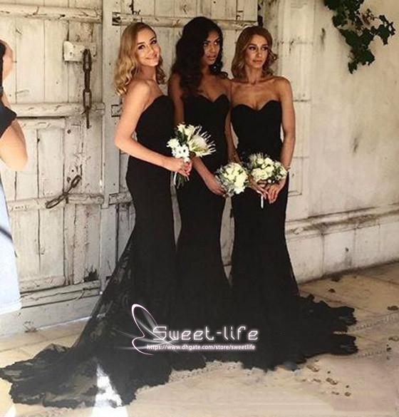 Ladies Elegant Black Sweetheart Mermaid Bridesmaid Dress Court Train Fashion Lace Wedding Guests Backless Party Ball Gowns