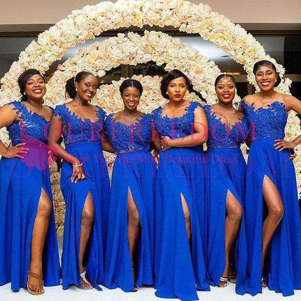 Cheap Royal Blue Bridesmaid Dresses Sheer Jewel Neck Long Chffion Floor Length Side Split Maid Of Honor Wedding Guest Gown Custom Made