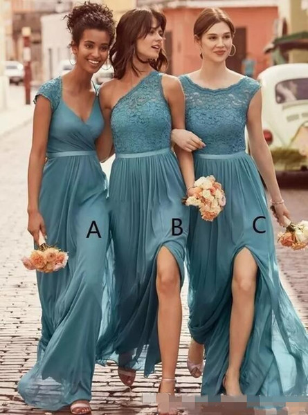 Teal Chiffon Long Bridesmaid Dresses Sexy One Shoulder Lace Top A Line Chiffon Maid Of Honor Gowns Side Split Cheap Wedding Guest