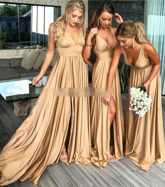 100% Real Image Cheap Sexy Long Gold Bridesmaid Dresses Deep Neck Empire Split Side Elastic Silk Like Satin Beach Boho Bridesmaid Gowns