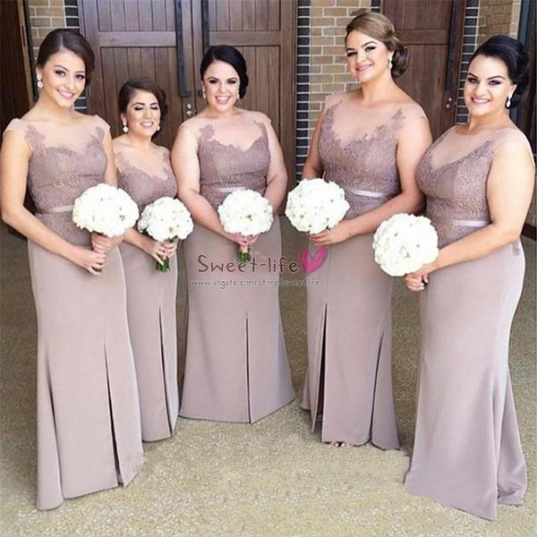 Mermaid Satin Bridesmaid Dresses Sheer Bodies Front Split Applique Garden Wedding Guest Gowns Sleeveless Dress With Sash