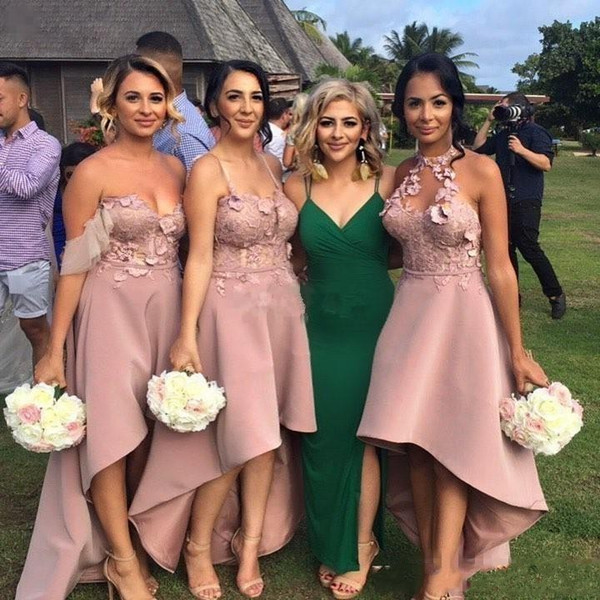 Blush Pink Lace Mismatched Wedding 2017 Bridesmaid Dress Sweetheart Appliques sleeveless Elastic Satin high low Sweep Train bridesmaid dress