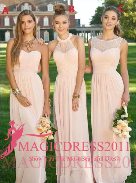 Peach A Line Maid of Honor Gowns Cheap Long Bridesmaid Dresses Tiers Chiffon Summer Beach Bridesmaid Gowns Custom Made