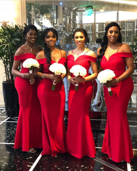 Elegant Off The Shoulder Bridesmaid Dresses Mermaid Red Satin South Africa Style Maid Of Honor Wedding Guest Gown Custom Made Hot Sale