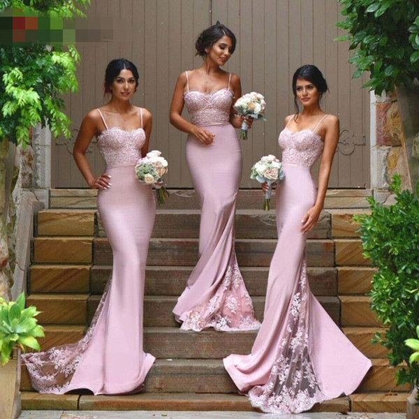 Under 90$ Spaghetti Straps Lace Satin Bridesmaid Dresses Skirt Train Appliques Blush Pink Mermaid Formal Party Prom Gown Dresses Cheap