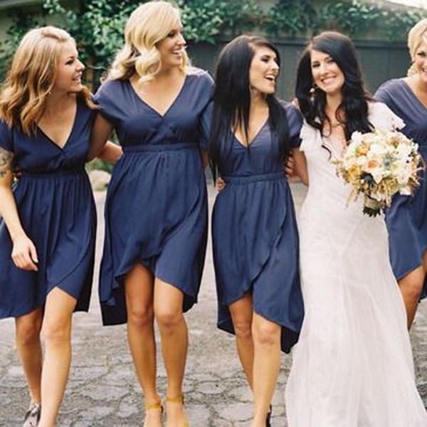 Short Sleeves Knee Length Bridesmaid Dress With Deep V Neck High Low Navy Blue 2016 Maid Of The Honor Wedding Party Gown Cheap