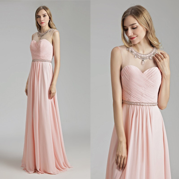 Pink Bridesmaid Dresses Long Chiffon Sheer Bodice Crystals Sash A-Line Sleeveless Backless Party Dress Wedding Maid Of Honor Gowns