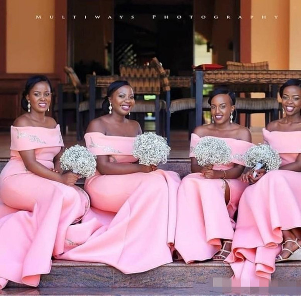 Plus Size Pink Off the Shoulder Mermaid Bridesmaid Dresses Applique Arabic African Floor Length Stain Maid of Honor Dress