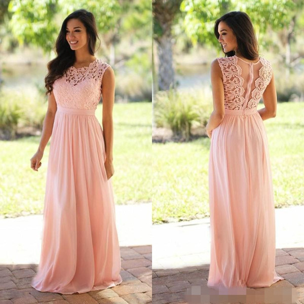 Lace Applique Elegant Bridesmaid Dresses Jewel Sleeveless Wedding Guest Dress Sheer Back Zipper Sweep Train Chiffon Cheap Formal Gown 2017