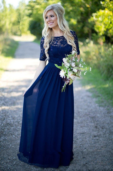 chiffon lace navy blue long bridesmaids dresses Cheap short sleeves sequin boho western country formal dresses maid of honor dresses