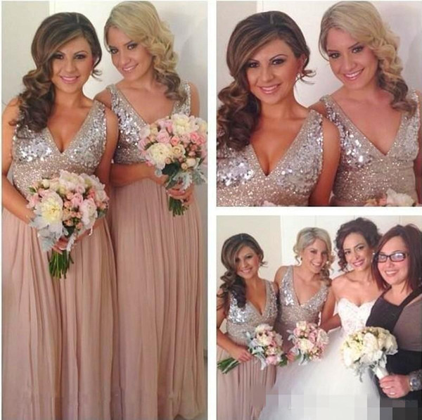 Sequins Chiffon V Neck Bridesmaid Dresses Plus Size Rose Gold Sparkly Maid of Honor Bridal Wedding Party Gowns Maternity Custom Made