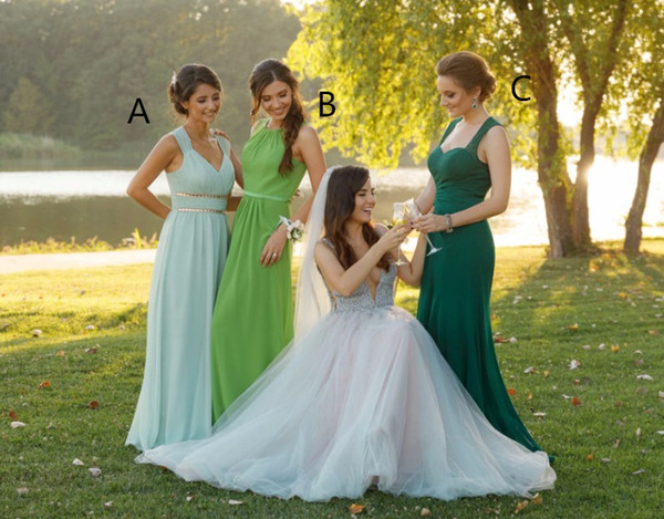 new Women country bridesmaid dresses 3 styles Chiffon A-Line Sleeveless Formal Green Party custom made robes de Wedding guest Dress
