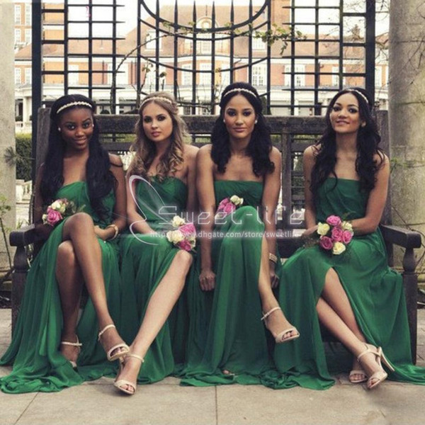 Long Green Chiffon Bridesmaid Dresses A-Line High Split Wedding Guest Gowns Strapless Party Dress Maid of Honour at Wedding