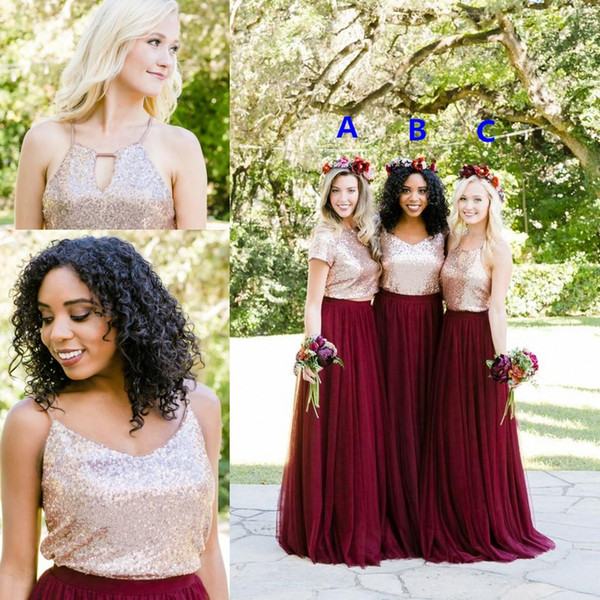 Rose Gold Sequins Burgundy Country Two Pieces Bridesmaid Dresses Mix Style Long Holiday Junior Wedding Party Guest Dress Cheap