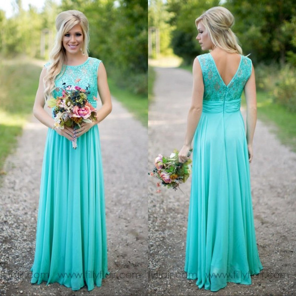 2019 Turquoise Bridesmaid Dresses Sheer Jewel Neck Lace Top Chiffon Long Country Bridesmaids Maid of Honor Wedding Guest Dresses