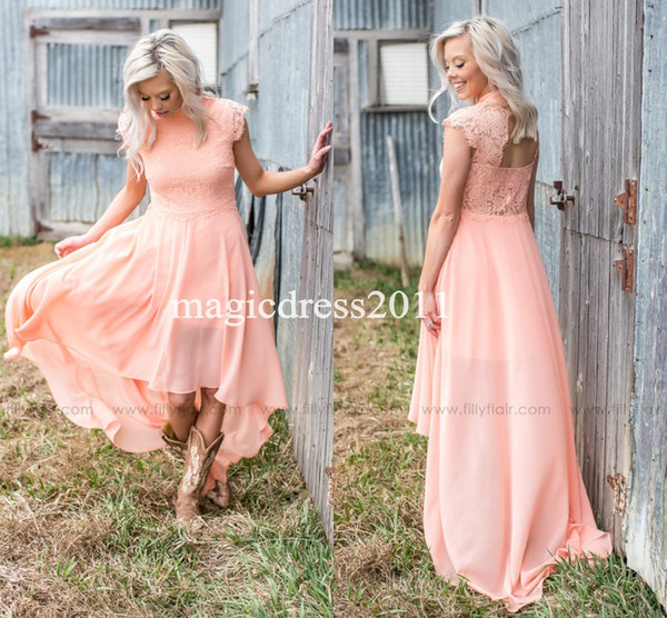 2017 Modern Peach Lace Bridesmaid Dresses for Country Wedding A-Line High Neck Hi-Lo Chiffon Bohemian Beach Wedding Party Evening Dresses