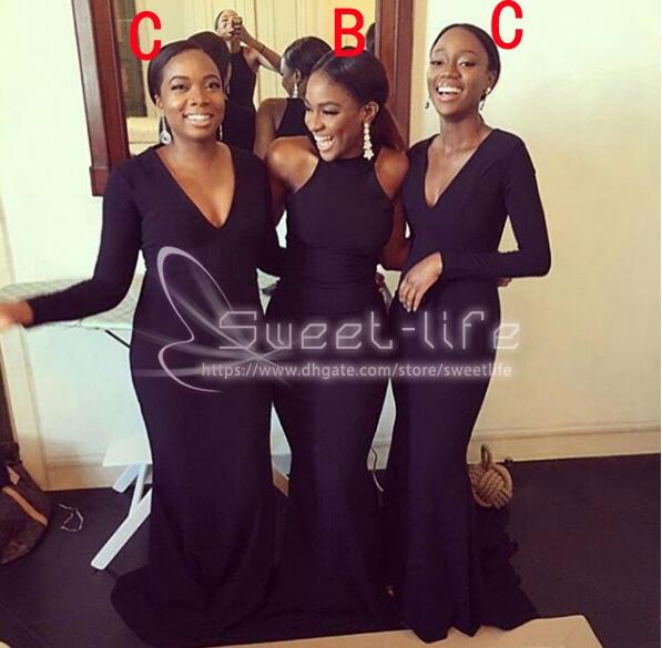 Long Black Satin Bridesmaid Dresses Ruffles Mermaid Wedding Guest Gowns Halter Neck Party Dress Maid of Honour at Wedding