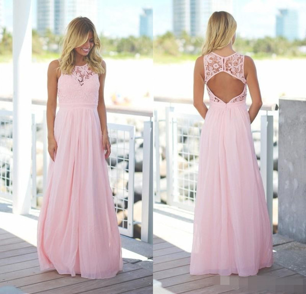 Blush Pink Lace Chiffon Beach Bridesmaid Dresses Sleeveless Jewel Neck Open Back A-line Country Maxi Bridesmaid Dress