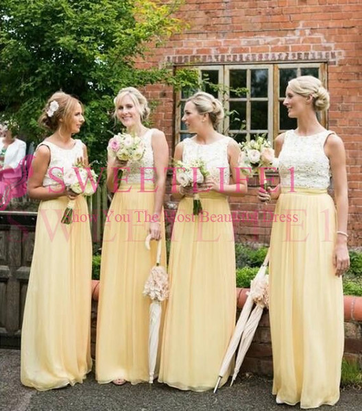 Ligh Yellow Jewel Neck Bridesmaid Dresses White Lace Appliques Chiffon Floor Length Maid Of Honor Wedding Guest Gown For Country Style