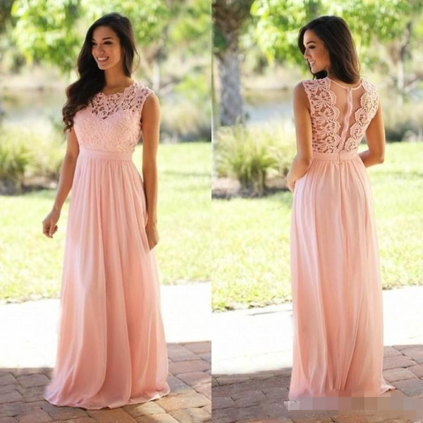 Elegant Lace Coral Bridesmaid Dresses Jewel Sleeveless Wedding Guest Dress Sheer Back Zipper Chiffon Cheap Formal Maid of Honor Gown 2017