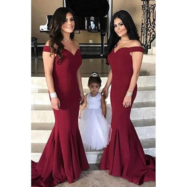 Burgundy Mermaid Bridesmaid Dresses Off Shoulder Long Bridesmaid Gowns Sweep Train Custom Made Evening Dress