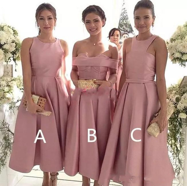 Short Tea Length Blush Pink Bridesmaid Dresses Tea Length prom dresses Custom Made Satin Prom Party Gowns Short Maid of Honor Dress