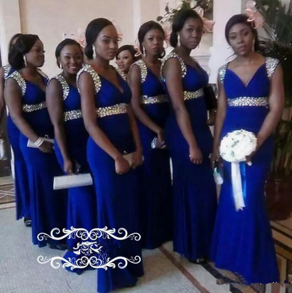 hot African Royal Blue Mermaid Bridesmaid Dresses Sparkly Crystal Beaded Plus Size stain Maid of Honor cheap Wedding Party Gowns