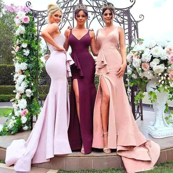 new Country Bridesmaid Dresses V Neck sweep Train High Side Split Long Maid Of Honor Gowns Mermaid V Neck custom made Garden Wedding