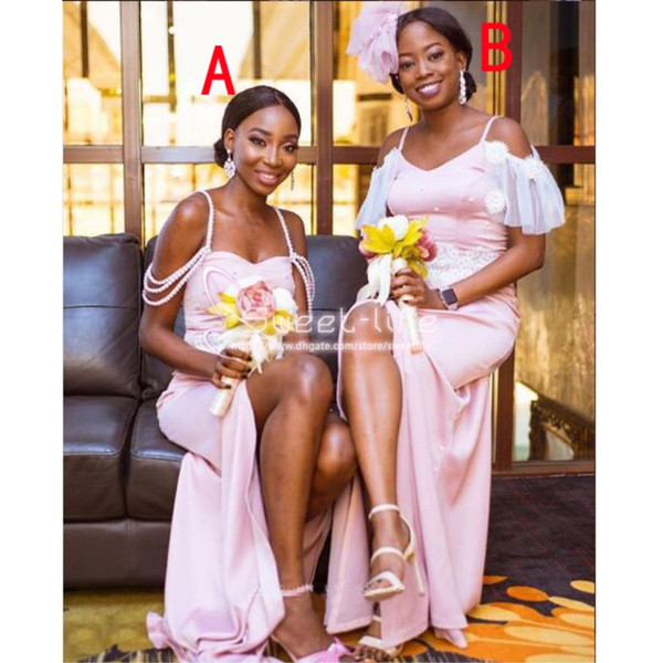 Long Pink Satin Bridesmaid Dresses Lace Pearls High Split Wedding Guest Gowns Spaghetti Party Dress Maid of Honour at Wedding